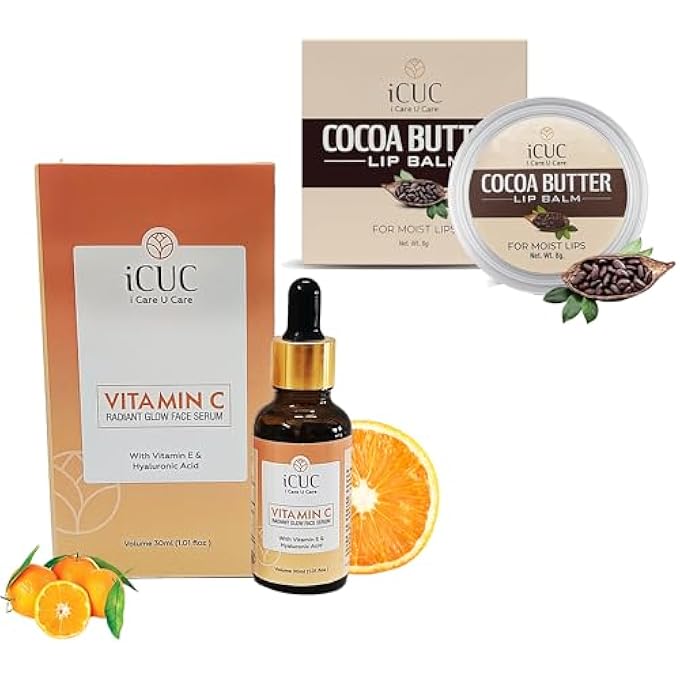 iCUC LIP & SKIN COMBO COCOA BUTTER LIP BALM & VITAMIN C RADIANT GLOW FACE SERUM FOR HEALTHY SKIN AND LIPS- LIP BALM FOR DRY, CHAPPED LIPS- VITAMIN C SERUM HELP TO REDUCING ACNE AND SCARS | WOMEN & MEN - Image 1